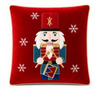 Christmas Nutcracker Cushion Cover Red Velvet Gold Piped Festive Pillow | Soft red velvet cushion cover with layered applique nutcracker soldier design gold piped edging embroidered snowflakes