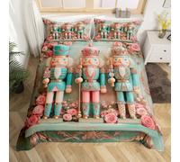 Christmas Nutcracker Duvet Cover Set Cartoon Royal Guarder Girl Cot Bedding Set, Cute Soldier Fairy Prince Comforter Cover Pink Rose Flowers Bed Sets