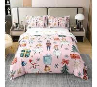 Christmas Nutcracker Duvet Cover Set Red Bow Tie Christmas Tree Cotton Comforter Cover, Cute Ballet Princess Xmas Snowflake Super King Bedding Set, Cartoon Royal Guarder Soldier Bed Sets,Pink