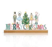 Christmas Nutcracker Metal Sign Rustic Holiday Tabletop Centerpiece Decor with Wooden Base Merry Christmas Freestanding Metal Word Sign Tiered Tray Decor for Xmas Farmhouse Home Office