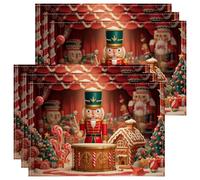 Christmas Nutcracker Placemats, Red Holiday Decorative Place Mats for Dining Table, Non-Slip Washable Indoor Outdoor Party Tableware Set of 6