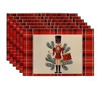 Christmas Nutcracker Placemats, Red Plaid Holiday Table Mats for Dining, Non-Slip Washable Indoor Outdoor Decorative Place Mats Set of 6