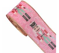 Christmas Nutcracker Wired Edge Ribbon, 5 Yards Xmas Craft Ribbon Fabric, 2.5 inch Width (Pink)