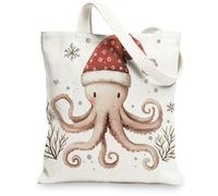 Christmas Octopus Canvas Tote Bag for Shopping 13 * 15, Funny Cute Xmas Coral Reusable Grocery Bag for Women, Nautical Work Travel Painting Gift Decor