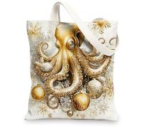 Christmas Octopus Canvas Tote Bag for Shopping 13 * 15, Xmas Luxury Snowflakes Reusable Grocery Bag for Women, Nautical Work Travel Painting Gift Decor