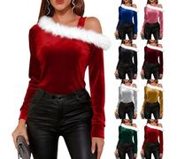 Christmas Off Shoulder Jumpers Womens 2026 Comfortable Soft Trendy Xmas Long Sleeve Fur Trim Velvet Party Dance Festival Shirts Elegant Solid Autumn Cosplay Holidays Travel Tops Red