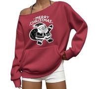 Christmas Off The Shoulder Jumper For Women Novelty Xmas Graphic Crewneck Pullover Casual Long Sleeve Jumper Classic Xmas Shirt Tops Festive Holiday Season Tunic (Watermelon Red, L)