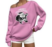 Christmas Off The Shoulder Jumper For Women Novelty Xmas Graphic Crewneck Pullover Casual Long Sleeve Jumper Classic Xmas Shirt Tops Festive Holiday Season Tunic (Pink, L)