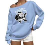 Christmas Off The Shoulder Jumper For Women Novelty Xmas Graphic Crewneck Pullover Casual Long Sleeve Jumper Classic Xmas Shirt Tops Festive Holiday Season Tunic (Sky Blue, L)