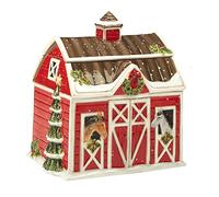Christmas on the Farm 3D Cookie Tin Festive Christmas Barn Design with Horses, Wreath and Tree, 11" L x 11" W x 9" H, Ceramic Christmas Cookie Tin for Farmhouse