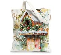 Christmas Oriole Bird Canvas Tote Bag for Shopping 13 * 15, Fun Watercolor Birdhouse Reusable Grocery Bag for Women, Winter Travel Painting Gift Decoration
