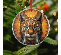 Christmas Ornament 3.1 Inch Round, Blue Eyed Bobcat Decorative Hanging Ornaments with Red String for Xmas Tree Fireplace Mantel Wreath, Crystal Glass Farmhouse Holiday Decoration Gift