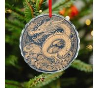 Christmas Ornament 3.1 Inch Round, Blue Oriental Dragon Decorative Hanging Ornaments with Red String for Xmas Tree Fireplace Mantel Wreath, Crystal Glass Farmhouse Holiday Decoration Gift