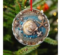 Christmas Ornament 3.1 Inch Round, Ocean Shell Art Decorative Hanging Ornaments with Red String for Xmas Tree Fireplace Mantel Wreath, Crystal Glass Farmhouse Holiday Decoration Gift