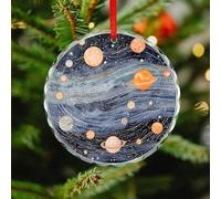 Christmas Ornament 3.1 Inch Round, Space Themed Art Decorative Hanging Ornaments with Red String for Xmas Tree Fireplace Mantel Wreath, Crystal Glass Farmhouse Holiday Decoration Gift