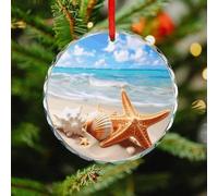 Christmas Ornament 3.1 Inch Round, Starfish Seashell Ocean Beach Decorative Hanging Ornaments with Red String for Xmas Tree Fireplace Mantel Wreath, Crystal Glass Farmhouse Holiday Decoration Gift