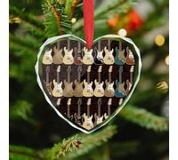Christmas Ornament 3.5 Inch Heart, Art Guitar Pattern Decorative Hanging Ornaments with Red String for Xmas Tree Fireplace Mantel Wreath, Crystal Glass Farmhouse Holiday Decoration Gift