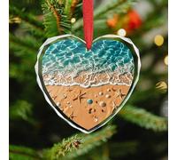 Christmas Ornament 3.5 Inch Heart, Ocean Starfish Decorative Hanging Ornaments with Red String for Xmas Tree Fireplace Mantel Wreath, Crystal Glass Farmhouse Holiday Decoration Gift