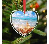 Christmas Ornament 3.5 Inch Heart, Starfish Seashell Ocean Beach Decorative Hanging Ornaments with Red String for Xmas Tree Fireplace Mantel Wreath, Crystal Glass Farmhouse Holiday Decoration Gift