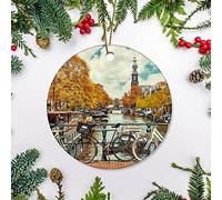Christmas Ornament, AmsterdamCanalChristmasBicycle, Ceramic 7.3cm Tree Decoration, Double Sided, Multi-Colour, for Party, Christmas, New Year, Thanksgiving
