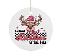 Christmas Ornament, Cutest Reindeer At The Pole Christmas Tree Hanging Decorations Funny Kawaii Deer Commemorative Keepsake, 7.5CM Round Ceramic Ornaments, Xmas Gifts