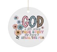 Christmas Ornament, God Is Still Writing Your Story Xmas Decoration Religious Inspiring Flat Souvenir Hanging On Christmas Tree, Funny Round Ceramic Keepsake, Xmas Gifts, 7.5CM