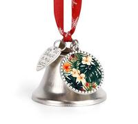Christmas Ornament Hawaiian Flower Palm Leaves Bells DIY Silver Jingle Bell with Red Ribbon for Xmas Tree Dual Pendant Charm for Home Craft Mantel Wreath Indoor & Outdoor Holiday Decorations