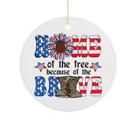 Christmas Ornament, Home of The Free Because of The Brave Xmas Decoration 4th of July Flat Souvenir Hanging On Christmas Tree, Funny Round Ceramic Keepsake, Xmas Gifts, 7.5CM