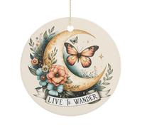 Christmas Ornament, Live To Wander Christmas Tree Hanging Decorations Funny Butterfly & Moon Commemorative Keepsake, 7.5CM Round Ceramic Ornaments, Xmas Gifts