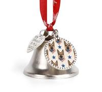 Christmas Ornament Patriotic German Shepherd Bells DIY Silver Jingle Bell with Red Ribbon for Xmas Tree Dual Pendant Charm for Home Craft Mantel Wreath Indoor & Outdoor Holiday Decorations