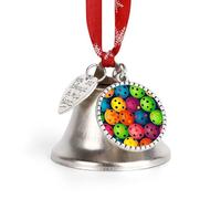 Christmas Ornament Pickleball Balls Colors Pattern Bells DIY Silver Jingle Bell with Red Ribbon for Xmas Tree Dual Pendant Charm for Home Craft Mantel Wreath Indoor & Outdoor Holiday Decorations