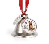 Christmas Ornament Yorkshire Terrier Tea Party Butterflies Roses Bells DIY Silver Jingle Bell with Red Ribbon for Xmas Tree Dual Pendant Charm for Home Craft Mantel Wreath Indoor & Outdoor Holiday Dec