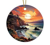Christmas Ornaments 2024 Big Sur California Porcelain Pendant Watercolor Travel Art Poster Christmas Bauble Present Collectible Gift for Holiday Decoration Ceramic Circle 3" White