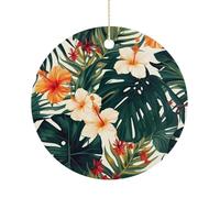 Christmas Ornaments 2025 Ceramic Hanging Ornament with Gold Cord Personalized Hawaiian Flower Palm Leaves Ornaments for Xmas Tree Mantel Yard Festive Winter Holiday Party Decorations Supplies