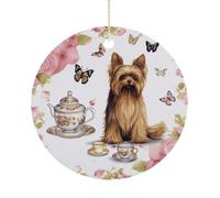 Christmas Ornaments 2025 Ceramic Hanging Ornament with Gold Cord Personalized Yorkshire Terrier Tea Party Butterflies Roses Ornaments for Xmas Tree Mantel Yard Festive Winter Holiday Party Decorations