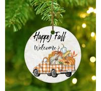 Christmas Ornaments 2025 Happy Fall Christmas Ornaments Pumpkin Patch Red Blue Farm Truck Ornament Keepsake Red Truck Autumn Pumpkin Collectible Gift for Festive Holidays Home Decor Ceramic Circle 3"