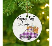Christmas Ornaments 2025 Happy Fall Xmas Ornament Autumn Harvest Thanksgiving Holiday Christmas Ornaments Watercolor Teal Blue Farm Truck Collectible Gift for Xmas Tree Decoration Ceramic Circle 3"