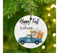Christmas Ornaments 2025 Happy Fall Xmas Ornament Pumpkin Patch Red Blue Farm Truck Christmas Ornaments Autumn Wreaths Thanksgiving Collectible Gift for Xmas Party Decorations Ceramic Circle 3" White