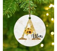 Christmas Ornaments 2025 Sunflower Initial Letter A Monogram Xmas Ornament English Alphabet Monogrammed Ornament Keepsake Alphabet Spring Summer Autumn Collectible Gift for Holiday Decoration Ceramic
