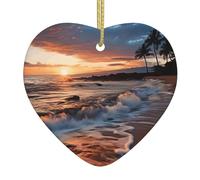 Christmas Ornaments Beach Maui Hawaii Sunset Sea Waves Clouds Ceramic Ornament with Gold Ribbon Xmas Tree Hanging Ornaments Holiday Christmas Hanging Decorations Heart Crafts Pendants for Fireplace