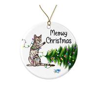 Christmas Ornaments Bengal Cat Ceramic Baubles Beautiful Xmas Round Shape Hanging Holiday Christmas Ornament For Family Wedding Office 7.3Cm