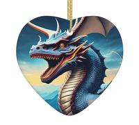 Christmas Ornaments, Ceramic Heart Decoration, Double-Sided Roaring Dragon Print,for Hanging Xmas Tree Home Office