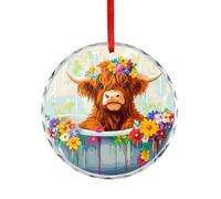 Christmas Ornaments Colorful Highland Cow Bathtub Flower Art Ceramic Baubles Present Gifts Xmas Round Shape Hanging Engagement For Graduation Wedding Home 7.3Cm