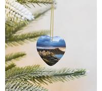 Christmas Ornaments for Christmas Tree Heart Ceramic Hanging Decoration Porcelain Hawaii Skyline Diamond Head Volcano Ornament with Gold Ribbon Crafts Pendant Xmas Decor Party Supplies