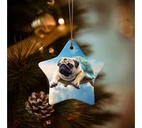 Christmas Ornaments for Christmas Tree Star Shape Ceramic Hanging Decor Porcelain Funny Turtle Pug Dog in The Sky Ornament with Gold Ribbon Crafts Pendant Xmas Decor for Holiday Party Supply