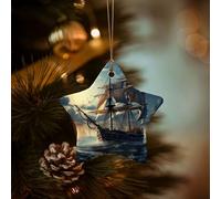 Christmas Ornaments for Christmas Tree Star Shape Ceramic Hanging Decor Porcelain Nautical Sailboat Ornament with Gold Ribbon Crafts Pendant Xmas Decor for Holiday Party Supply