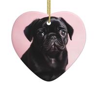 Christmas Ornaments Heart Ceramic Ornaments Cute Black Pug Printed Christmas Tree Ceramics Hanging Ornament for Xmas Holiday Party Decorations