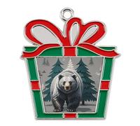 Christmas Ornaments Metal Xmas Tree Decor with 11.4 Inch Red String, Grey Bear Pine Tree Silhouette Pattern Ornament for Trees & Home Decor, Gift Idea, Trapezoid