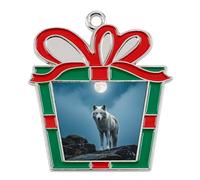 Christmas Ornaments Metal Xmas Tree Decor with 11.4 Inch Red String, The White Wolf on The Rock Ornament for Tree & Home Decor, Gift Idea, Trapezoid
