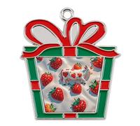 Christmas Ornaments Metal Xmas Tree Decor with 11.4 Inch Red String, White Cow Strawberry Pattern Ornament for Tree & Home Decor, Gift Idea, Trapezoid